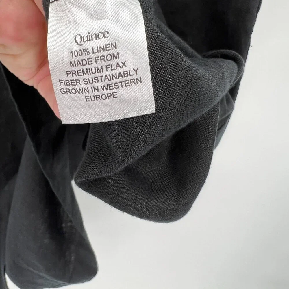 Quince Women's Black Linen Button Front Dress sz M Midi A-Line Belt Short Sleeve - Picture 7 of 9